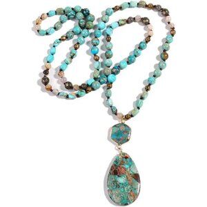 Boho Beaded Necklace Long Pendant Natural Stone Handmade Chakra Jewelry Gift